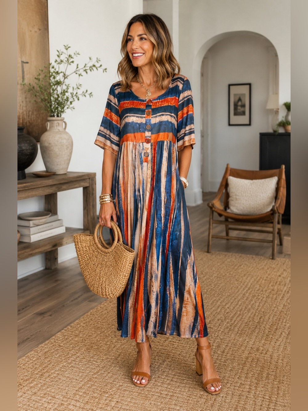 NoraCora NWT SZ S black, navy, taupe, orange abstract print dress, bust 38”